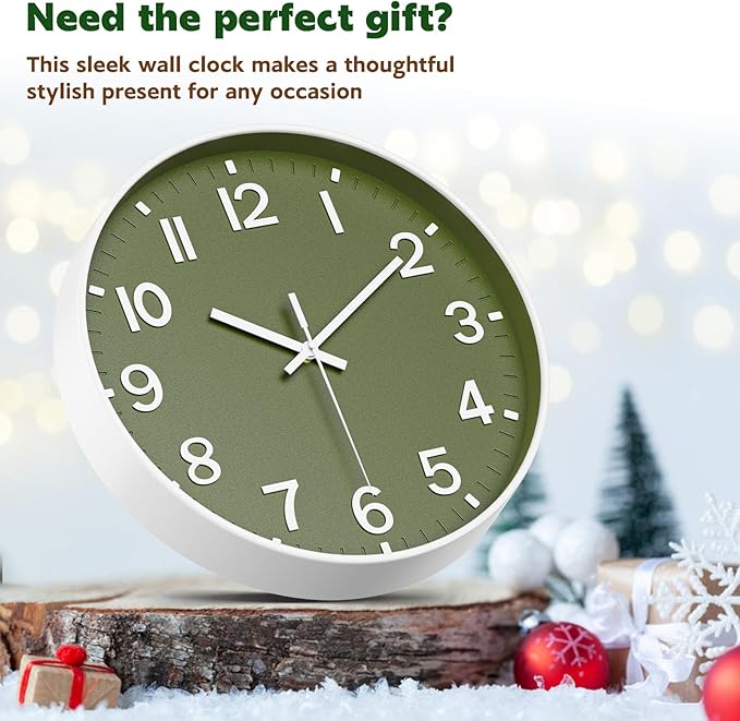 Silent Wall Clock Non-Ticking Battery Operated – Modern Olive Green Analog Wall - Image 5