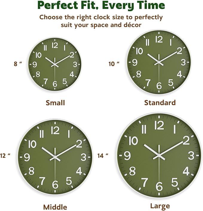 Silent Wall Clock Non-Ticking Battery Operated – Modern Olive Green Analog Wall - Image 7