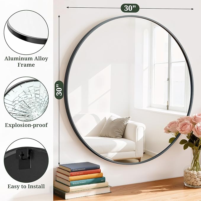 Round Wall Mirror 30 Inch Black Vanity Mirror - Image 2