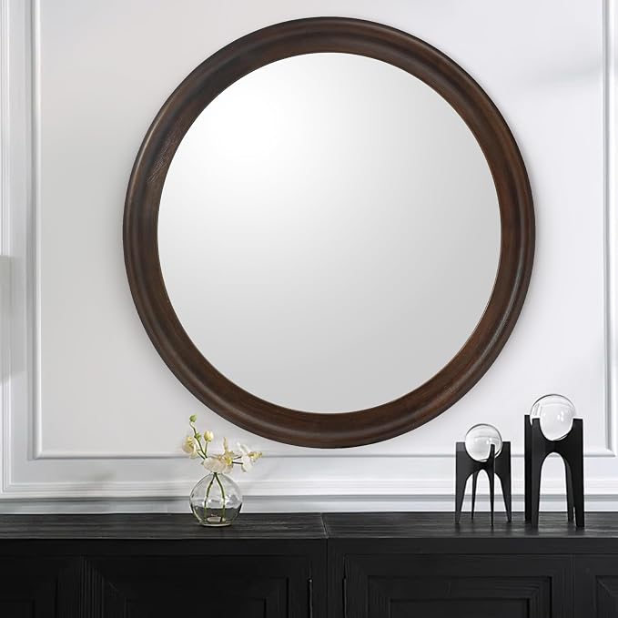CULER Round Wall Mirrors 24 Inch, Wood Rustic Decorative Transitional Mirror - Image 6