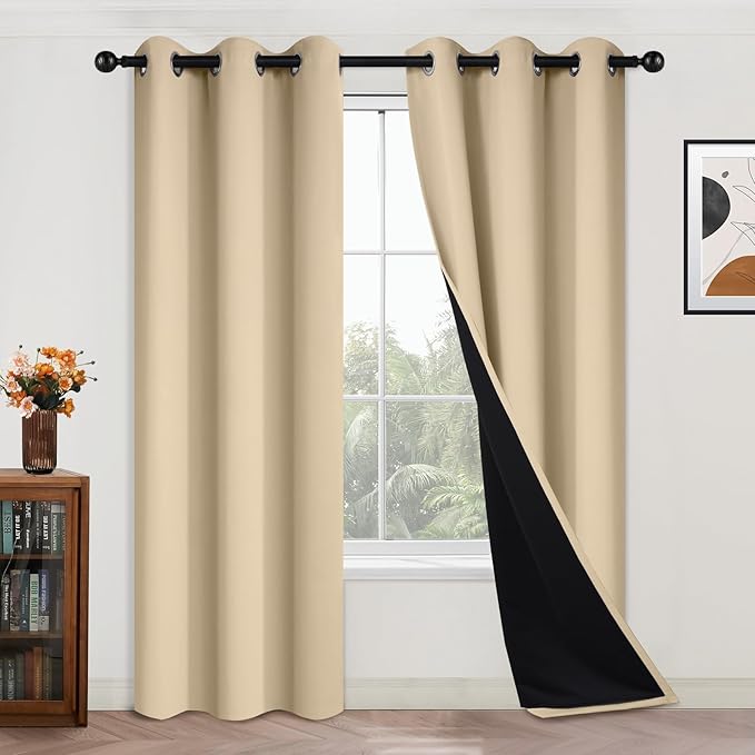 Yakamok Beige 100% Blackout Curtains, Thermal Insulated Total Blackout Drapes by Yakamok