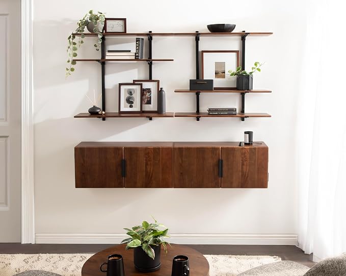Kate and Laurel Atwood Three-Tiered Adjustable Mango Wood Wall Shelf, Walnut - Image 4