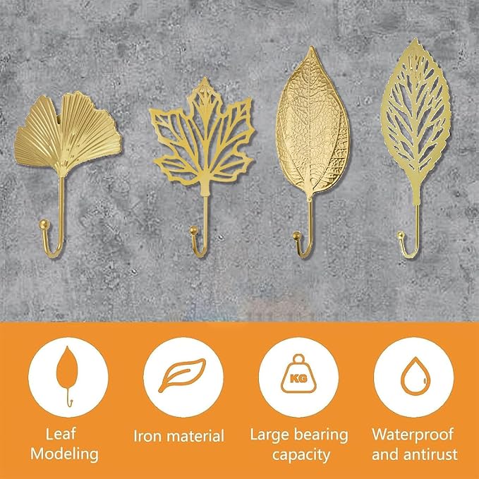 MOROBOR Decorative Iron Hooks, 4-Piece Ginkgo Maple Leaf Shape Gold Wall - Image 3