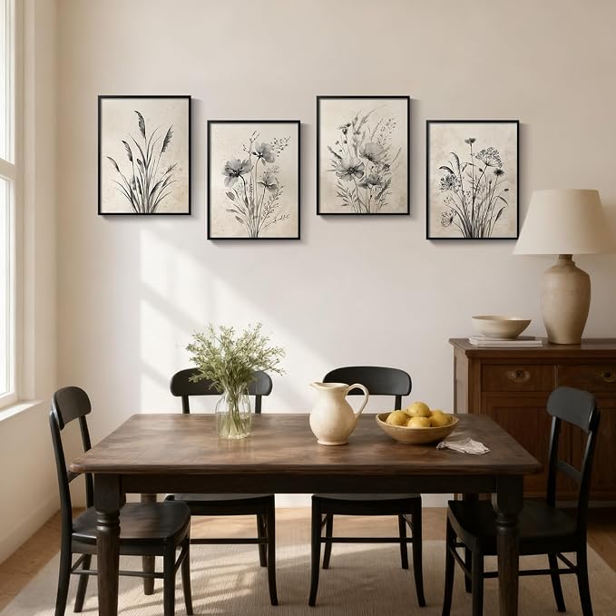 Framed Vintage Botanical Wall Art, 4 Piece Neutral Rustic Boho Floral Canvas - Image 3