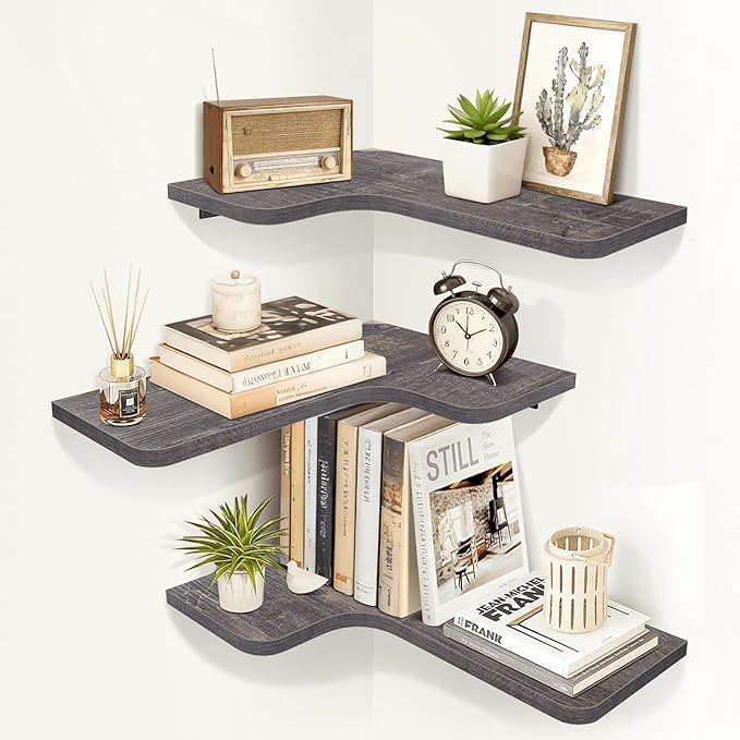 Homode Corner Shelves Wall Mounted, 3 Tier Wooden Hanging Shelves by Homode