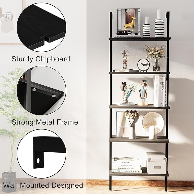 aboxoo Ladder Shelf 2PCS Open Bookshelf 5-Tier Wood Wall-Mounted Black Bookcase - Image 6