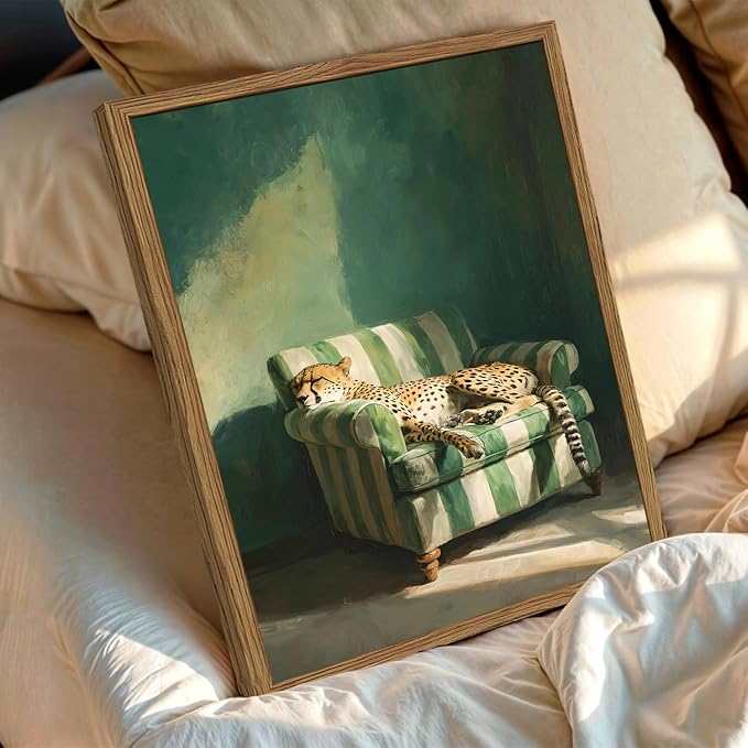 Framed Funny Leopard Canvas Wall Art, Vintage Sleeping Cheetah on Sofa Pictures - Image 7