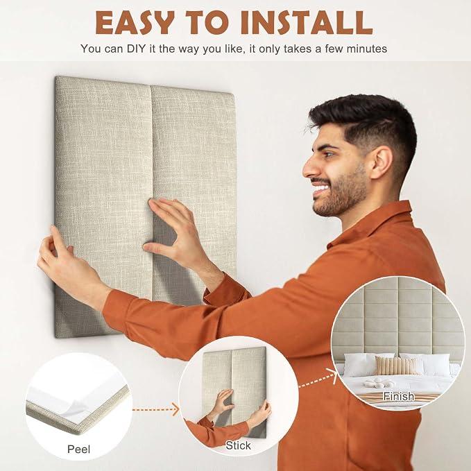 IFNOW Upholstered Wall Mounted Headboard, 3D Soundproof Wall Panels Peel and - Image 5
