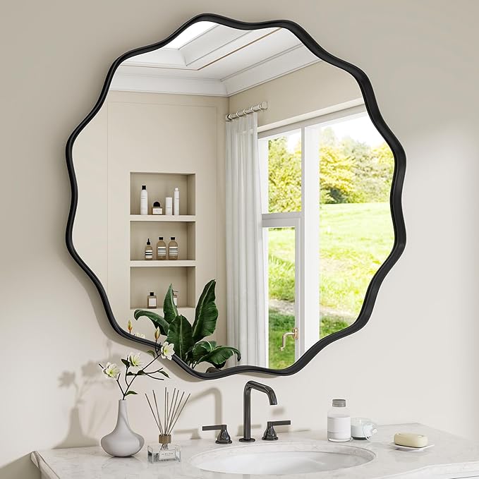 Round Wavy Mirror, 24 Inch Metal Frame Circle Mirror, Round Wall Mounted by Unknown