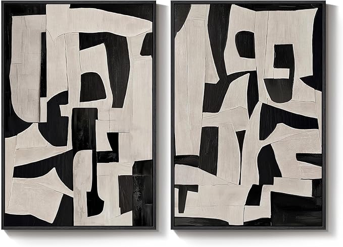 Framed Black and Beige Abstract Wall Art, 2 Piece Canvas Prints Paintings by Cuspin