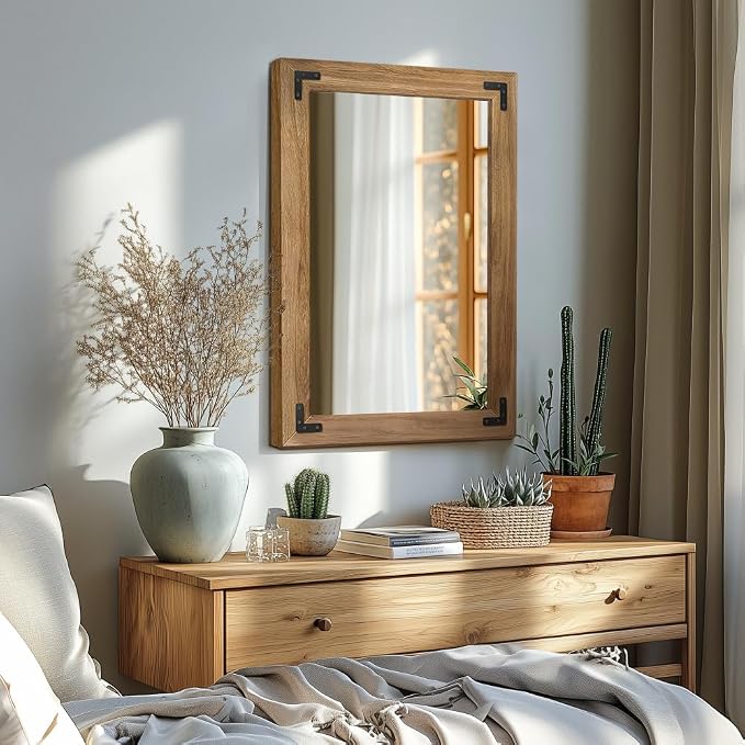 Bathroom Mirror for Wall with Wooden Frame, Vertical or Horizontal Hanging - Image 7