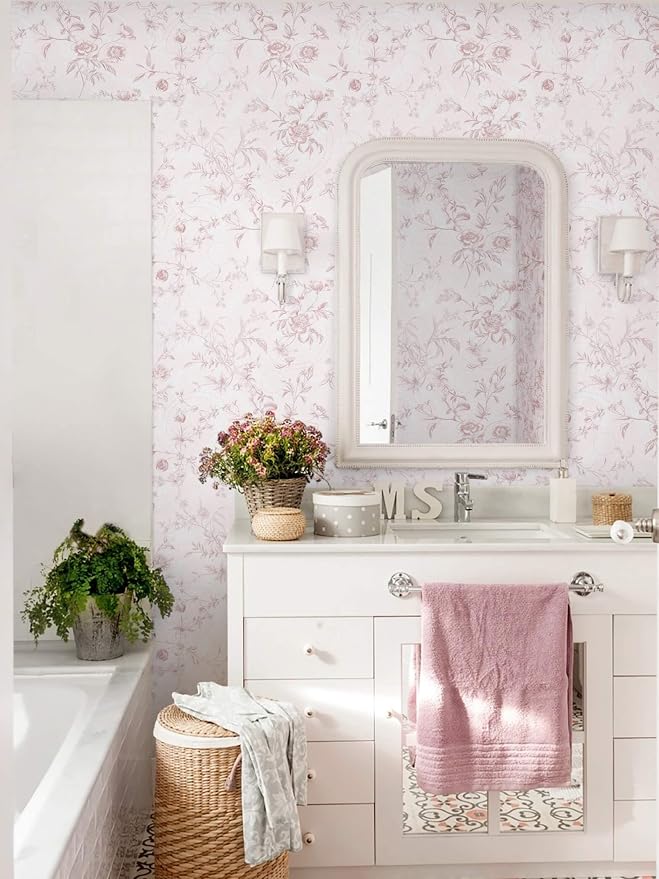 Ismoon Floral Wallpaper Peel and Stick Pink Stick on Wall Paper Vintage French - Image 5