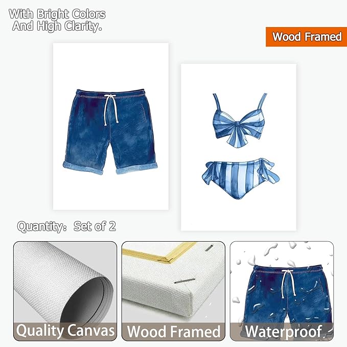 Liyark Set of 2 Retro Navy Blue And White Swimsuit Art Posters Beach Bathing - Image 2