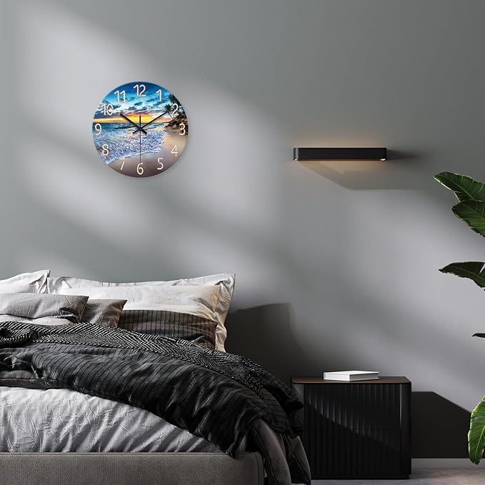 Palm Tree Clocks Battery Operated 12 Inch Glass Blue Wall Clock Non Ticking - Image 5