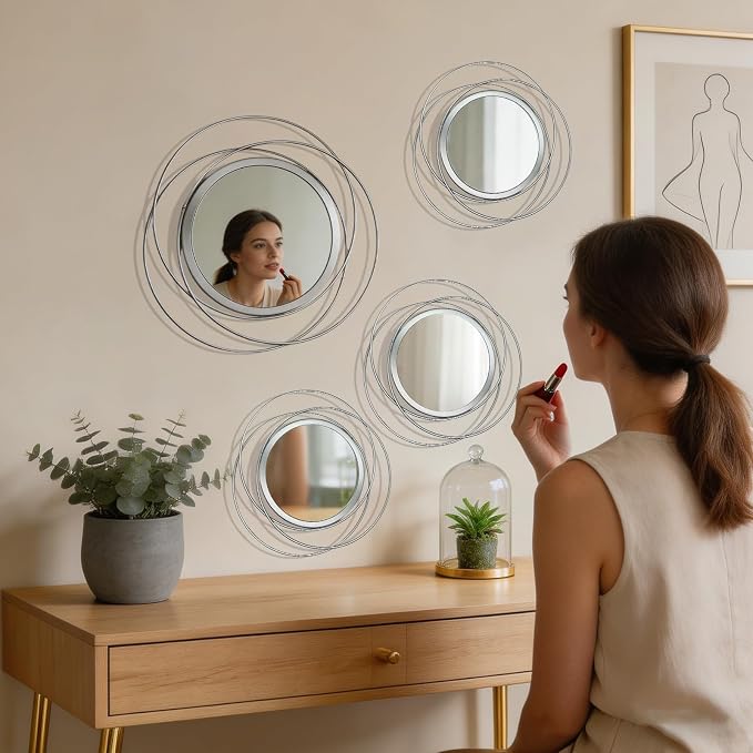 4 Piece Gold Round Wall Mirror Set Modern Metal Circle Home Decor - Image 3