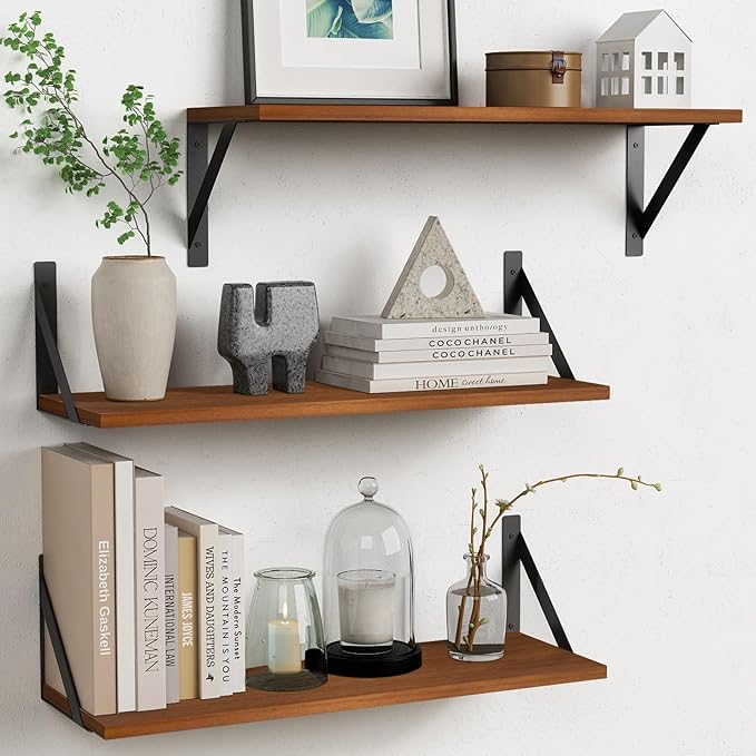 Forbena Walnut Brown Wall Bookshelf, 24 x 8 Inch Floating Bookshelves Set of 3 by Forbena