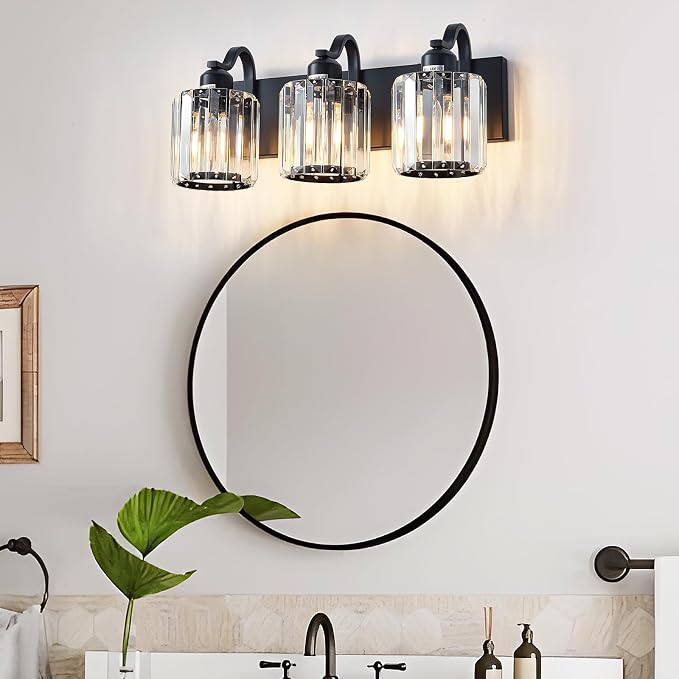 Modern 3-Lights Black Bathroom Vanity Light, Crystal Bathroom Lights Over Mirror - Image 2