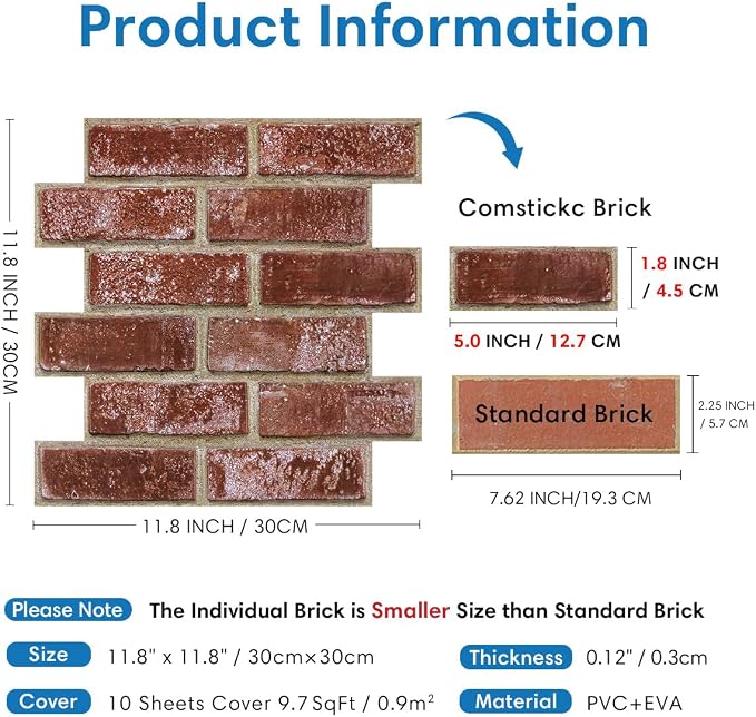 COMSTICKC 3D Red Brick Wall Panels Peel and Stick Tiles, Small Size Thin PVC - Image 5