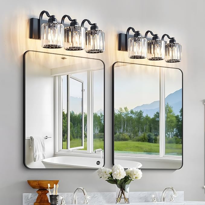 Modern 3-Lights Black Bathroom Vanity Light, Crystal Bathroom Lights Over Mirror - Image 7