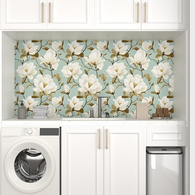 Modern Green White Flowers Wallpaper Blue Floral Peel and Stick Contact Paper - Image 5