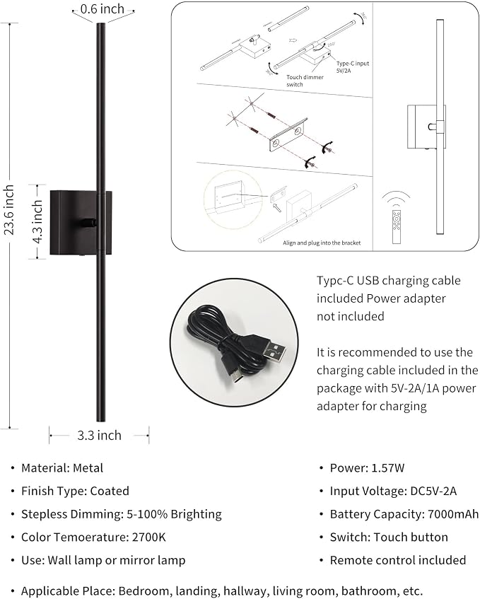 KDG Cordless Wall Sconces Set of 2, Wireless 5200mAh Rechargeable Battery - Image 5