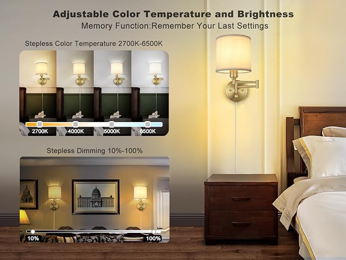 Plug in Wall Sconces with Remote Control, Dimming 10%-100% & Adjustable Colors - Image 2