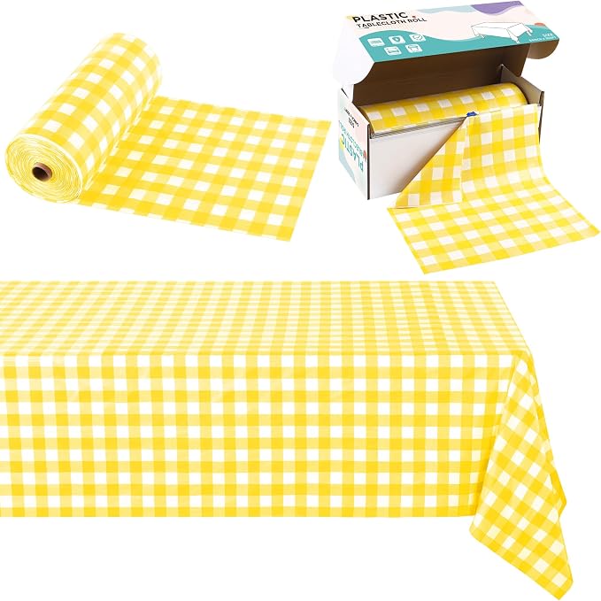 Kochorie 54 Inch x 300 Ft Light Yellow Checkered Plastic Table Cloth Roll by Kochorie