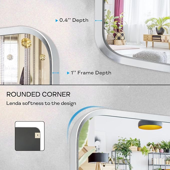 Wall Mount Mirror for Bathroom, Brush Silver Metal Framed Rounded Corner Square - Image 4