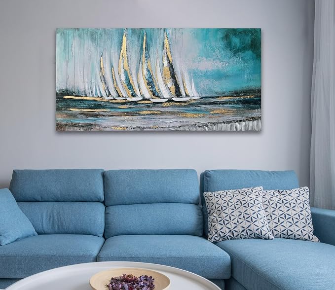 Anolyfi Blue Abstract Canvas Wall Art Teal Ocean Sailboat Picture Modern - Image 7