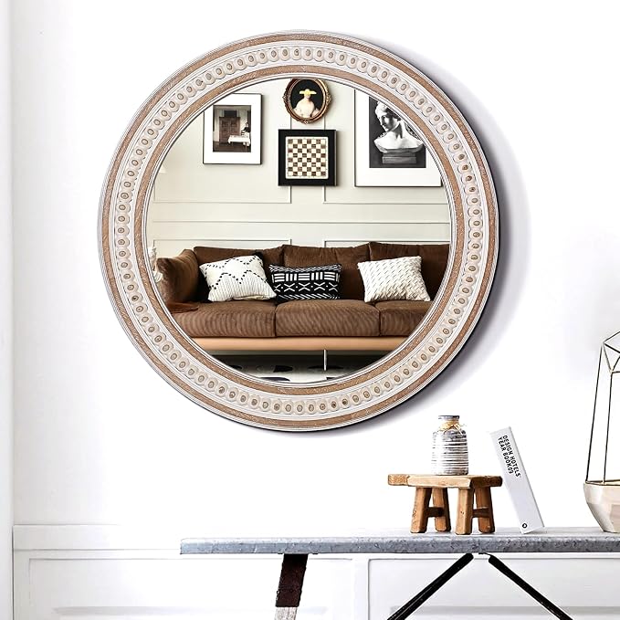30 Inches Farmhouse Large Round Wall Mirrors Wooden, Rustic Decorative Circle - Image 2