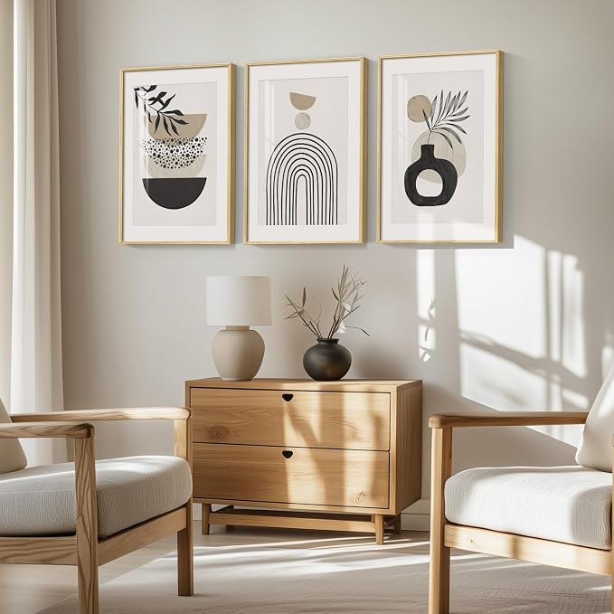 Framed Neutral Boho Wall Art Bedroom, 3 Piece Beige Mid Century Modern - Image 4