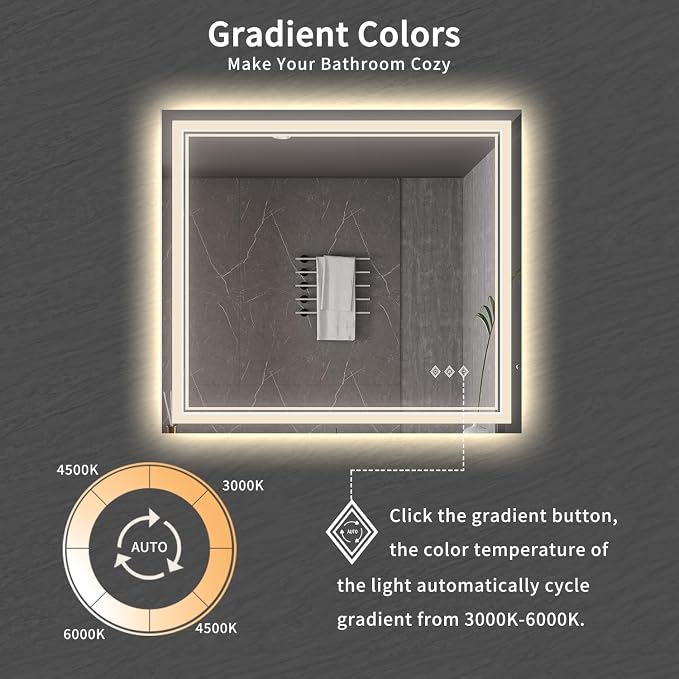 Bathroom Mirrors for Wall, 40x36 Inch Gradient Front and Backlight Lighted - Image 3
