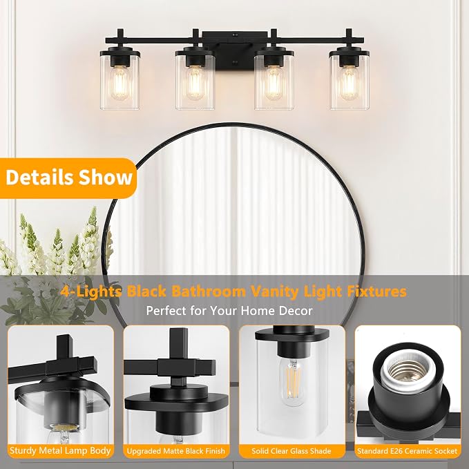 4-Lights Matte Black Bathroom Light Fixture, Modern Black Vanity Lights Over - Image 3