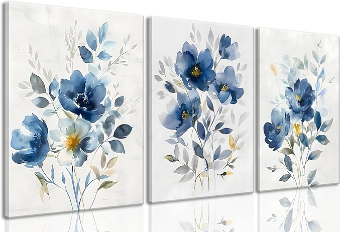KISSFOX Framed Colorful Wildflower Blue Canvas Wall Art Set Of 3 Flowers by KISSFOX