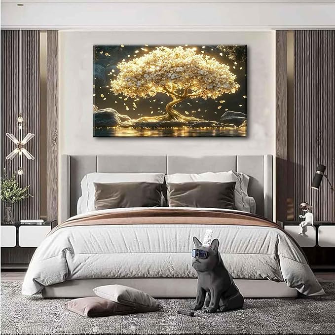 Large Tree of Life Canvas Wall Art Abstract Gold Tree Mountain Lake Decor - Image 3
