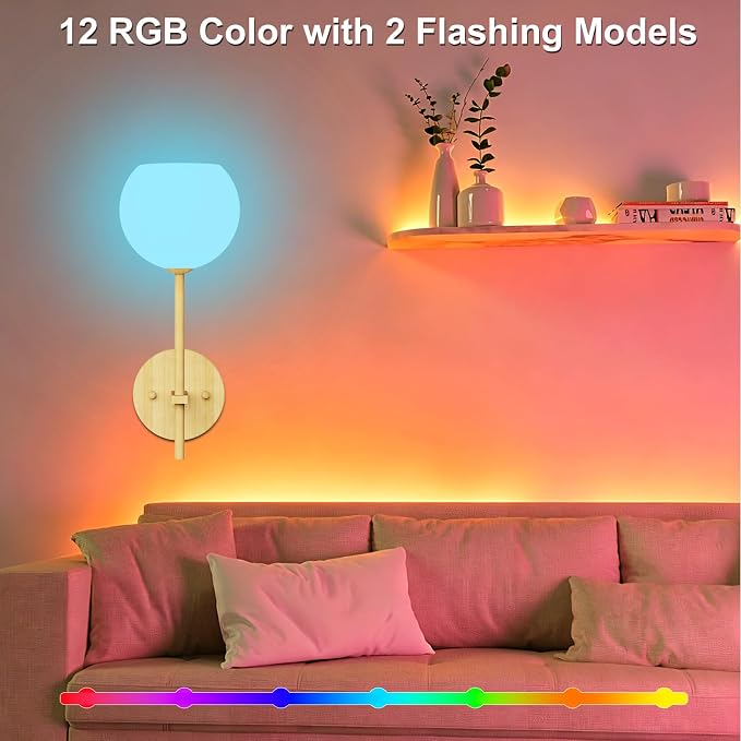 Wood Grain Battery Operated Wall Sconces Set of 2, Rechargeable Wireless Wall - Image 3