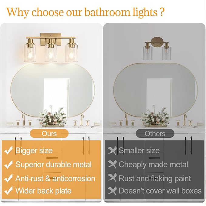 Indoi 3 Light Bathroom Light Fixtures, Brass Vanity Lights - Image 2