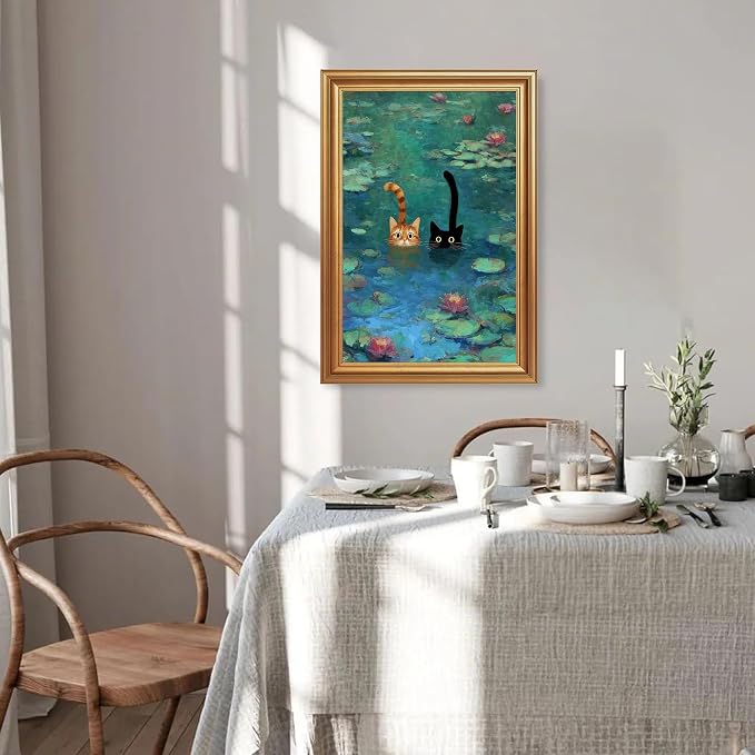 Fantasy Artists Gold Framed Wall Art Prints, Two Swimming Cats in Lotus Pond - Image 5