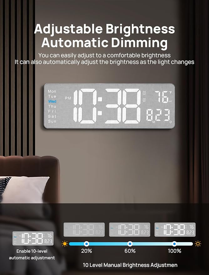 MASHI 2026 Upgrade Digital Wall Clock, Auto-Dimming Wall Clock - Image 4