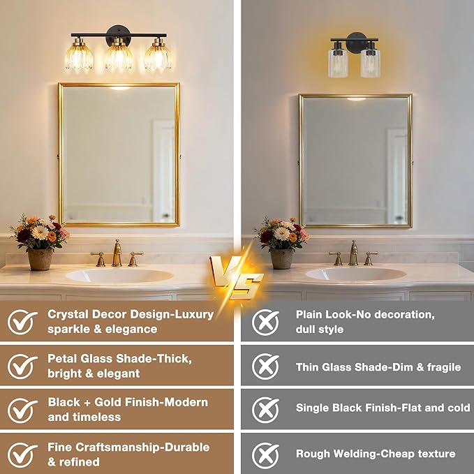 TALOYA Bathroom Vanity Light Fixtures, 3-Light Modern Black and Gold Wall - Image 2