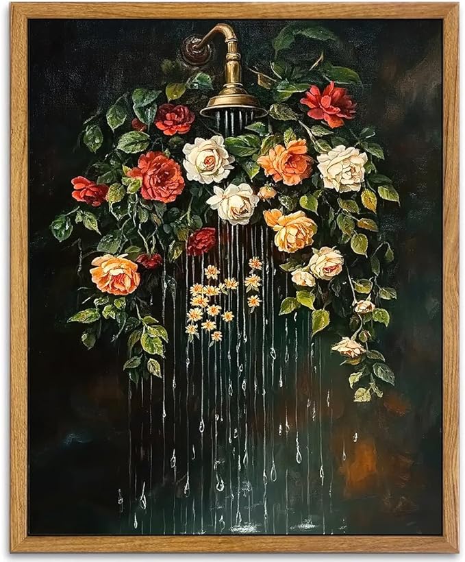 AtterrirArt Vintage Bathroom Framed Wall Art, Moody Botanical Canvas Print by AtterrirArt