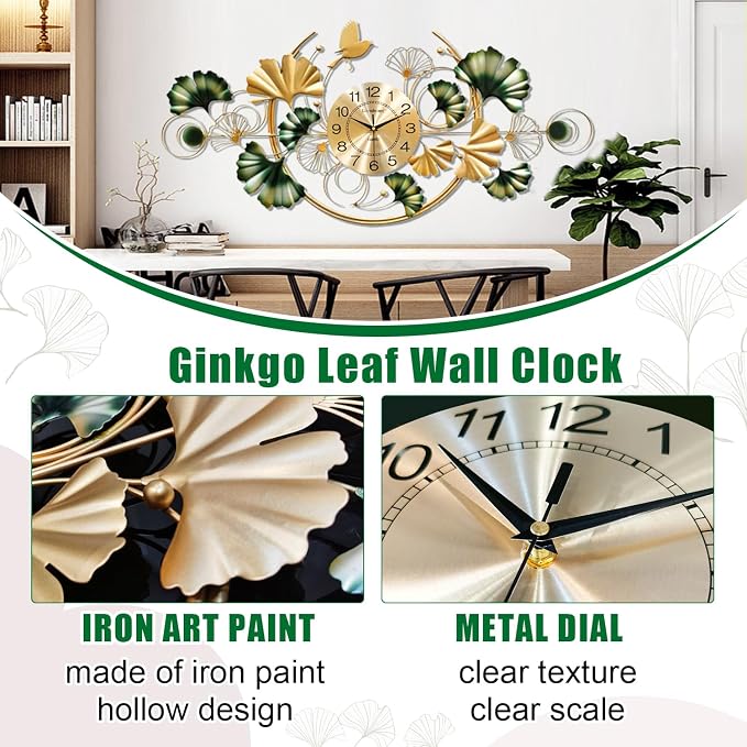 Large Wall Clock for Living Room, 3D 47 Inch Metal Ginkgo Leaf Wall Decor - Image 5