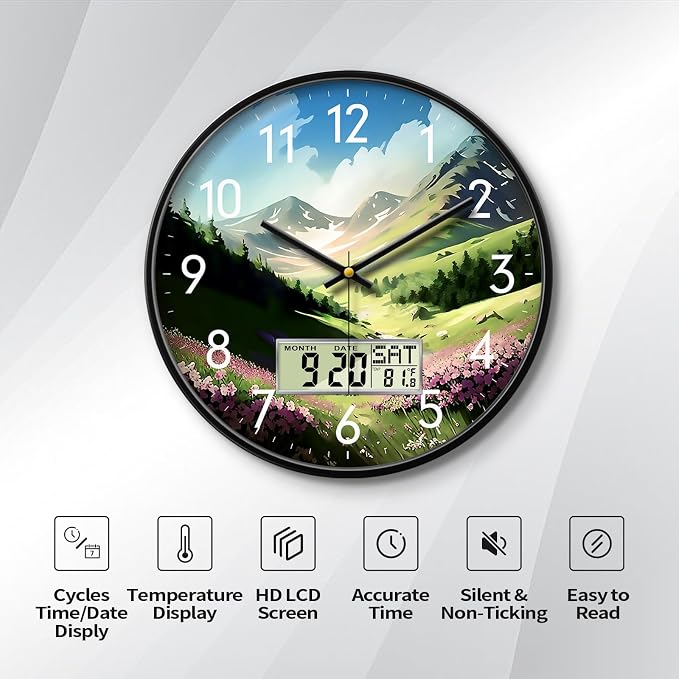 14'' Silent Non-Ticking Rustic Mountain Wildflowers Wall Clock, Battery - Image 2