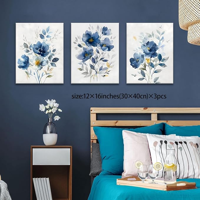 KISSFOX Framed Colorful Wildflower Blue Canvas Wall Art Set Of 3 Flowers - Image 5