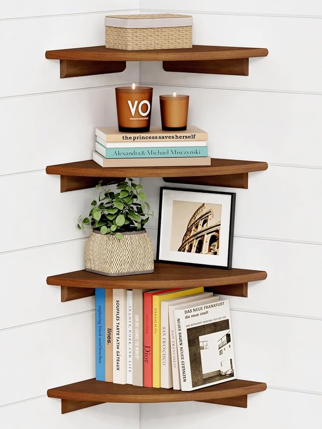 Forbena Corner Bookshelf Wall Mounted Set of 4, Wooden Floating Book Shelves by Forbena