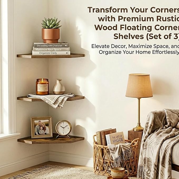 SUYU Set of 3 Floating Corner Shelves, 11.8" Rustic Wood Corner Shelf Wall - Image 6