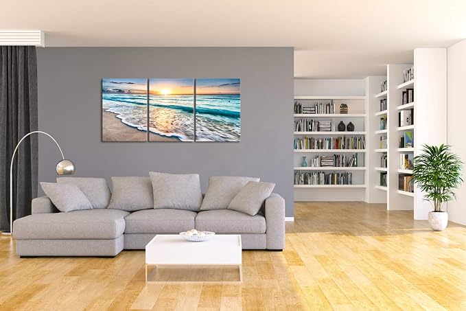 Wieco Art 3 Panels Blue Beach Sunrise White Wave Pictures on Canvas Wall Art - Image 3