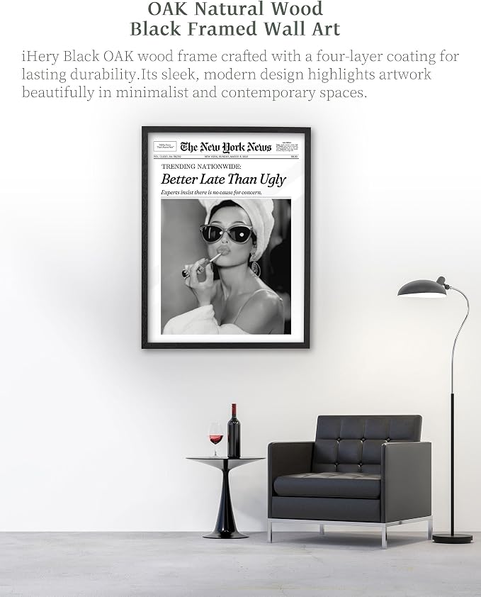 iHery Premium Natural Black OAK Wood 12x16in Audrey Hepburn Trendy Framed Wall - Image 2
