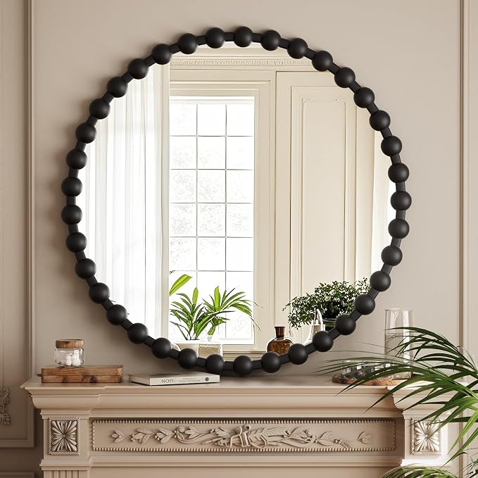 Easly Round Mirror for Wall, 32 Inch Black Beaded Frame Decorative Vanity Mirror - Image 3
