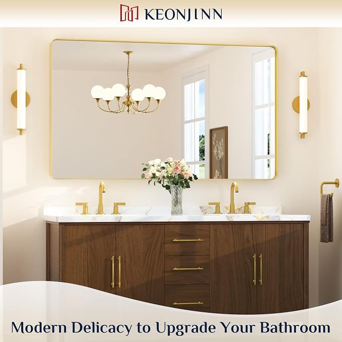 Keonjinn Gold Mirrors for Wall, 60” x 36” Large Brushed Brass Bathroom Mirrors - Image 2